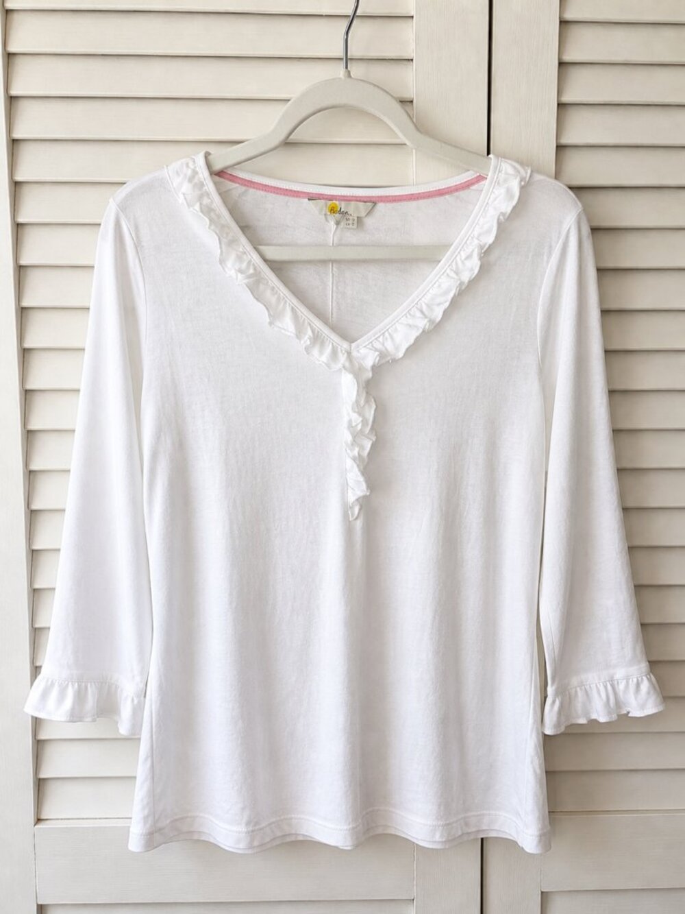 NWT Boden White Cotton Modal Ruffle Trim Knit Blouse Size US 8 - Picture 2 of 5